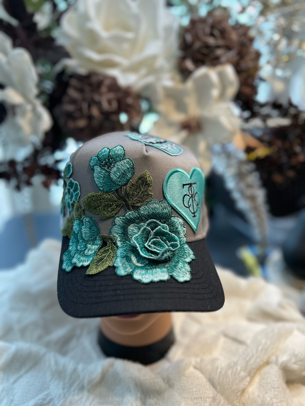 Embroidered Floral Trucker Hat - Teal Roses